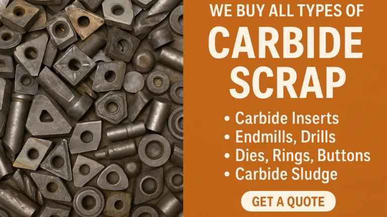 Image showing a large pile of used carbide inserts, drills, and tooling with text overlay “We Buy All Types of Carbide Scrap” and a CTA button reading “Get a Quote.
