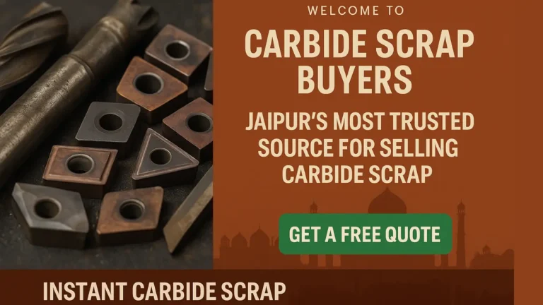 Promotional image showing worn carbide inserts and drills with a bold call-to-action for Jaipur carbide scrap sellers to get a free quote