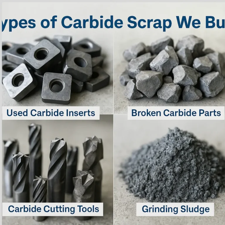 Types of Carbide Scrap We Buy - Realistic Close-Up of Used Carbide Inserts, Broken Carbide Parts, Carbide Cutting Tools, Grinding Sludge | Carbide Scrap Buyers Noida