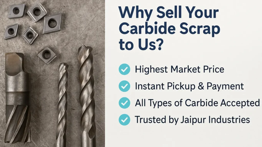 Graphic displaying carbide inserts with the text “Why Sell your carbide scrap to Us in jaipur?” and key benefits like best prices, same-day pickup, and instant payment.