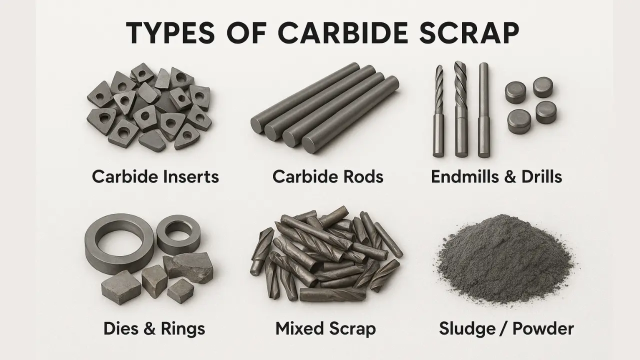 Various types of carbide scrap including carbide inserts, rods, endmills, drills, dies, mixed scrap and carbide sludge displayed for identification — useful for sellers checking carbide scrap price per kg. Image by Carbide Scrap Buyers.
