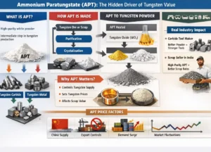 Landscape infographic explaining Ammonium Paratungstate (APT), showing how tungsten ore or scrap is refined into APT, converted into tungsten oxide and powder, and how APT controls tungsten prices, carbide tool quality, and scrap value.