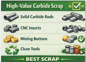 High-value tungsten carbide scrap types including solid carbide rods, CNC inserts, and mining buttons