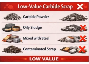Low-value tungsten carbide scrap such as carbide powder, oily sludge, and mixed steel scrap